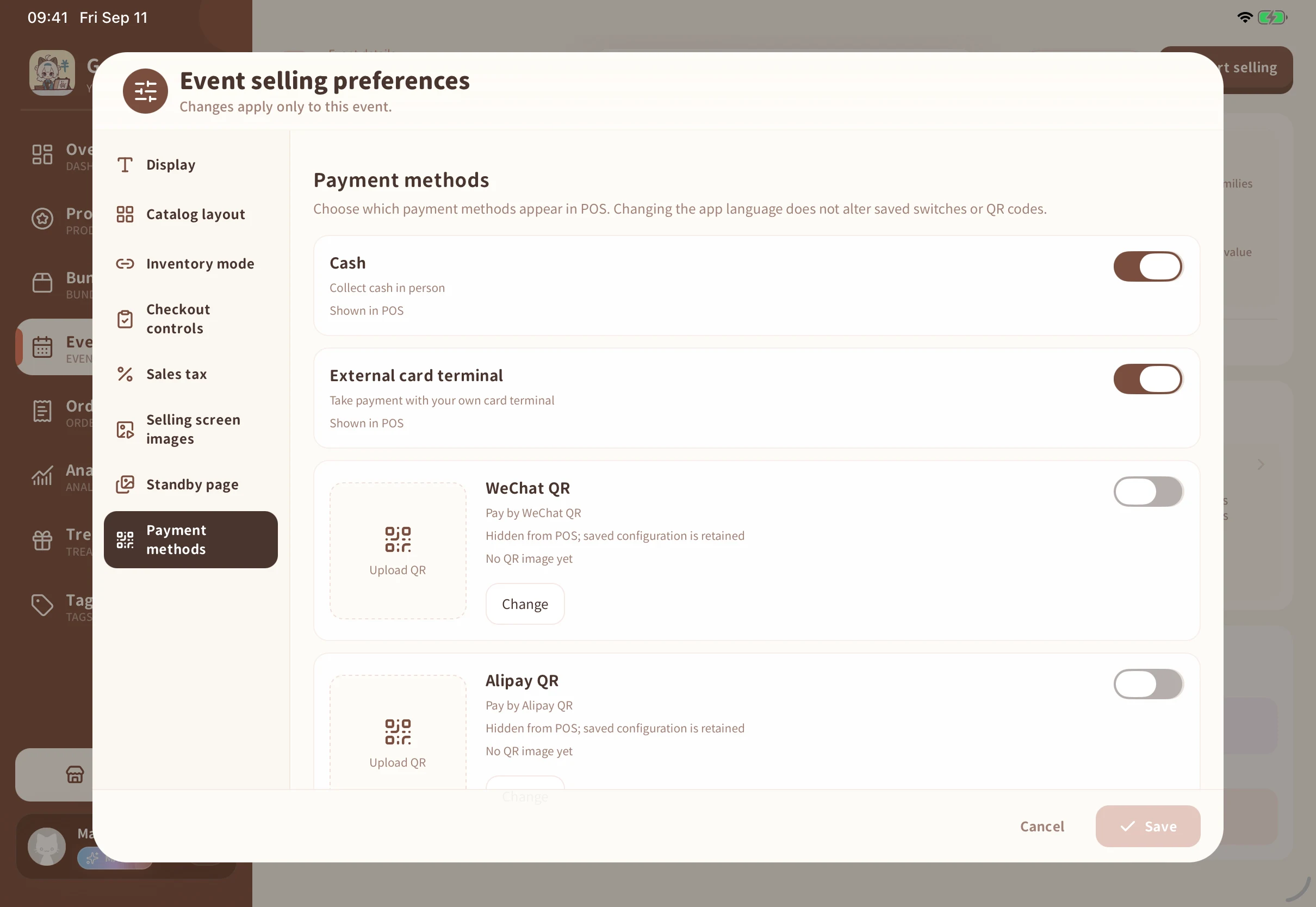 Open event payment settings