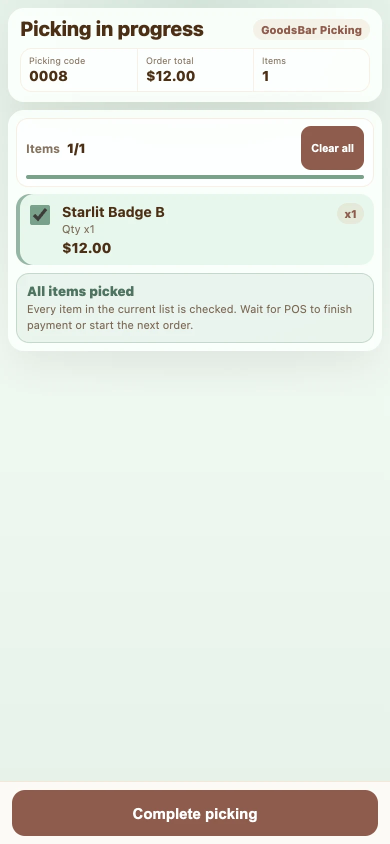 Complete picking after all checks