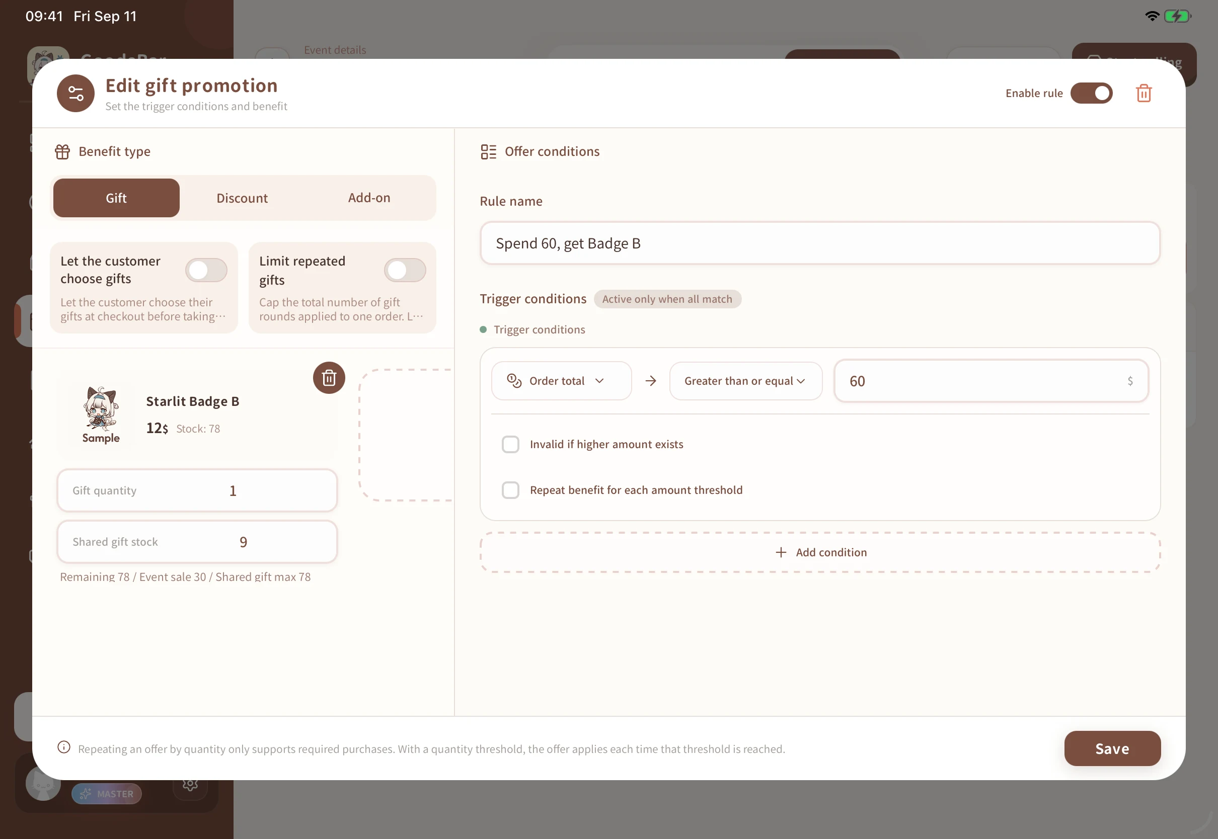 Set the name and conditions