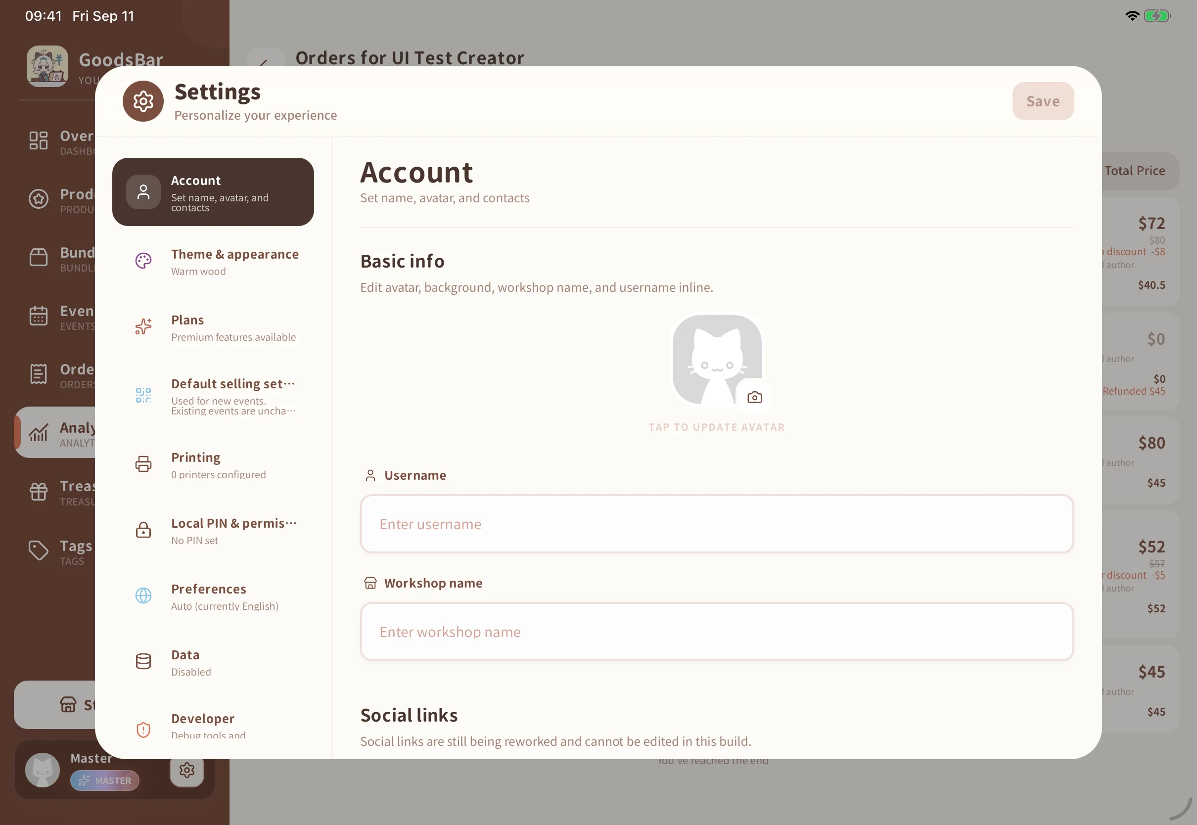 Choose a settings section